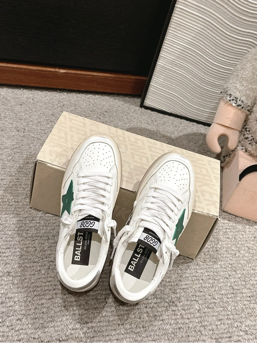 Golden Goose White Low-Top Sneakers with Green Star